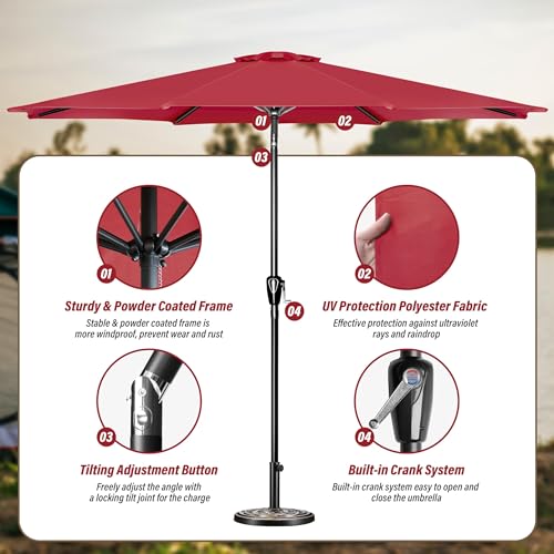 Simple Deluxe 9ft Patio Umbrella Outdoor UV-proof, Table Market Umbrella with Push Button Tilt and Crank, 8 Sturdy Ribs for Garden, Backyard, Pool, Deck, Red - color: 9ft-Red Update, size: 9ft