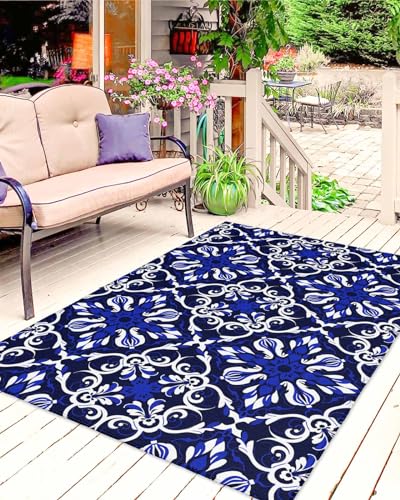 Large Outdoor Rug 5'x8' for Patio Indoor Outdoor Area Rug Boho Flower Line Texture Blue Rugs Outside Patio Rugs Camping Carpet Mat for Spring Picnic - color: Bohemianhoe7414, size: 5' x 8' (Rectangular)