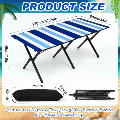 CroBlissful Beach Table Folding Camping Portable Table Striped White Aluminum Side with Carry Bag for Camping Picnics and Outdoor Activities (48x24x18 in,Navy Blue) - color: Navy Blue, size: 48x24x18 in