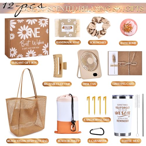 Beferr Mothers Day Beach Gifts Basket for Women, 79" X 83" Beach Blanket Waterproof Sandproof, Beach Mesh Tote Bags, Birthday Baskets for Her Wife Mom Sister Grandma Friend - color: Khaki