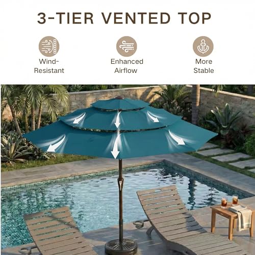 Kingdura 10ft 3-Tier Patio Umbrella, Outdoor Table Umbrella with Easy Crank & Tilt, 8 Reinforced Ribs, UV Protection for Deck, Pool, Market, Backyard (Lake blue) - color: Lake blue, size: 10 FT