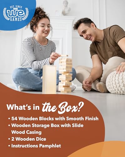 WE Games Wooden Block Stacking Party Game for Adults, Tumble Tower Wedding Guest Book Alternative, Tabletop Games, Includes Storage Case, 12 inches - color: Natural Wood