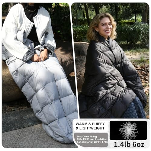 Down Camping Blanket - Lightweight, Packable, Warm & Puffy Outdoor Travel Quilt for Sleep, Hiking, Backpacking, Stadium, Festivals, Water-Resistant Sleeping Bag 55"x79" - color: Midnight Black, size: 1LB 6OZ / 79" x 55"