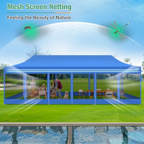 COBIZI 10x30 Canopy Tent, Heavy Duty Pop up Canopy with Sidewalls, Waterproof Easy Setup Tent with Mosquito Netting, Outdoor Instant Screen Tents for Parties, Wedding with Roller Bag, Blue - color: Blue, size: 10x30FT