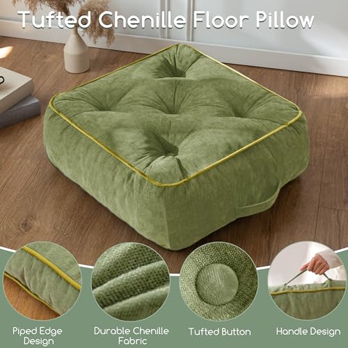 HIGOGOGO 8" Extra Thick Floor Pillow Cushion for Adults, Meditation Cushion Pillow with Handle, Lustrous Chenille Tufted, Square Floor Sitting for Tatami Living Room or Yoga, 22x22 Inch, Green - color: Square Green, size: 8" Thick(pack of 1)