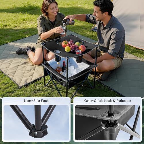 Portable Outdoor Folding Camping Table with 4 Cup Holders & Cooler Compartment, Waterproof Picnic Table for Picnic, BBQ, Beach, Hiking (Black) - color: Black