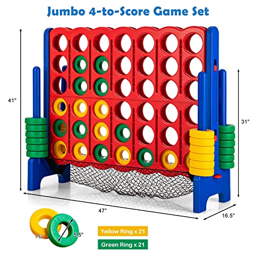 Costzon Giant 4-in-A-Row, Jumbo 4-to-Score Giant Game Set for Kids & Adults, Indoor Outdoor Yard Connect Game, 3.5FT Tall with 42 Jumbo Rings & Quick-Release Slider, Perfect for Family & Party Games - color: With Mesh Net