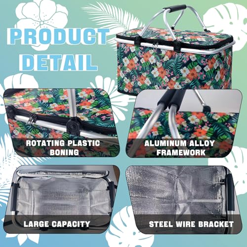 Insulated Picnic Basket for 2, Collapsible Shopping Baskets with 29L Large Market Basket with Handles, Folding Grocery Basket Insulated Cooler Bag for Picnic Travel Food Delivery Market Shopping - color: Green