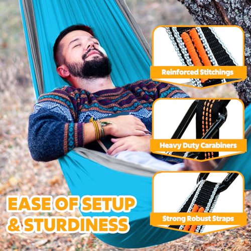 NATUREFUN Ultra-Light Travel Camping Hammock | 300kg Load Capacity,Breathable,Quick-Drying | 2 x Premium Carabiners,2 x Nylon Slings Included | Outdoor Indoor Garden - color: Azure/Grey, size: 275x140cm