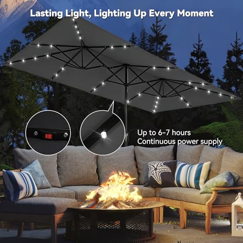 15×15ft Outdoor Patio Umbrella, Double Sided Market Rectangle Umbrella with Crank Handle, Large Sun Shade for Outside Deck, Backyard, Garden - color: Gray with LED lights