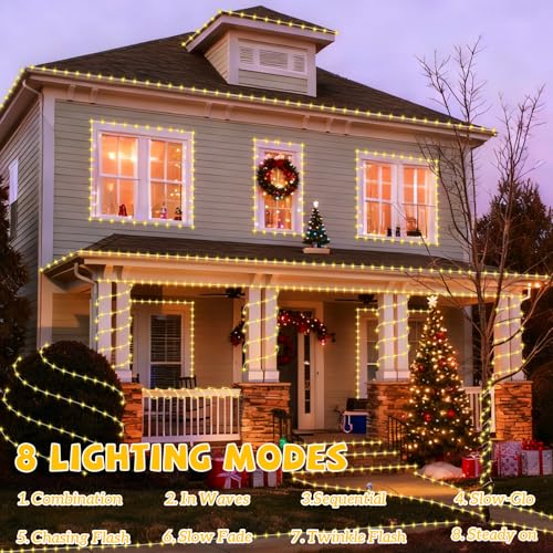 YEGUO Solar Rope Lights Outdoor Waterproof, 66ft 200 LED Warm White String Lights, 8 Modes Fairy Lights in Clear Thin Tube - color: Warm White