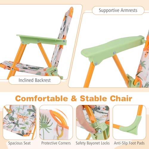 Costzon Kids Picnic Table, Kids Outdoor Table with 2 Folding Chairs, Height Adjustable Umbrella, Portable Children Outdoor Furniture for Patio, Garden, Backyard (Yellow Forest) - color: Yellow Forest