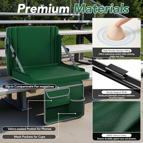 Stadium Seats with Back Support 1PACK Adjustable Bleacher Chairs with Back and Cushion Bleacher Seat with Cup Holder, Carry Handle & Shoulder Strap for Outdoor Sports Events, Picnics - color: Green-1pc-large