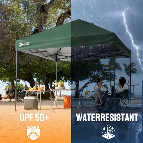 CROWN SHADES 10x10 Pop Up Canopy - Patented Center Lock One Push Instant Outdoor Canopy Beach Tent with STO-N-Go Bag 8 Stakes & 4 Sand Bags，Forest Green - style: Forest green