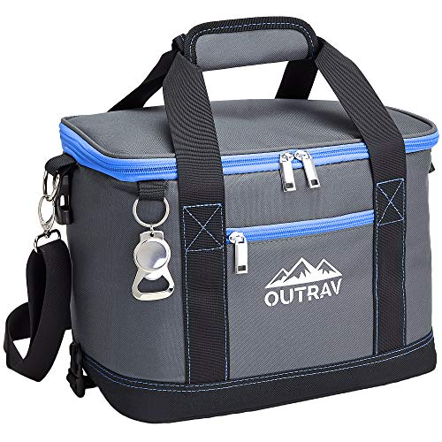 Collapsible Insulated Cooler Bag – 6L Thermal Lunch Bag with Bottle Opener, 16 Can Capacity – Perfect For Camping, Picnics and Travel - Handles and Removable Shoulder Strap - By Outrav - color: Grey with Blue Trim