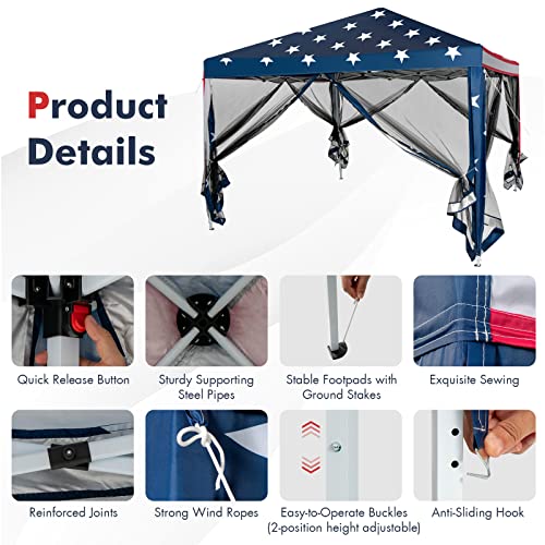 Tangkula 10x10 Ft Pop Up Canopy with Netting, Easy Up Canopy with Mesh Sidewalls, Carrying Bag, Adjustable Height, American Flag Outdoor Canopy with 100 Square Feet of Shade for Backyard, Lawn - color: Mix