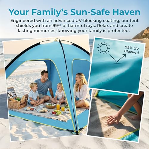 Beach Tent Sun Shelter, Portable Pop Up Beach Tent for 4-5 Person with UPF 50＋ UV Protection, Easy Setup Lightweight Waterproof Ventilation Design Family Sun Shelters for The Beaches