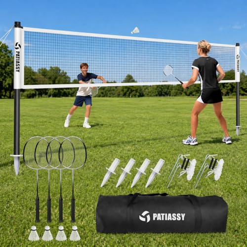 Badminton Set for Backyard, Outdoor Badminton Net with Anti-Sag Design, 4 Professional Badminton Rackets, 4 Shuttlecocks and Carry Bag for Lawn or Beach - color: B-White
