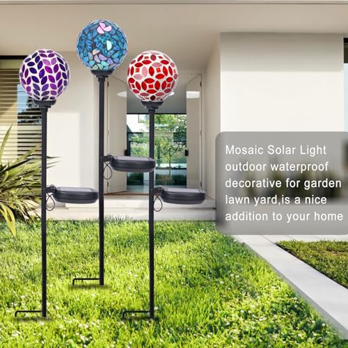 VCUTEKA Solar Garden Decorative Lights Outdoor, Mosaic Solar Light Waterproof LED Pathway Stake Light for Landscape Patio Yard Deck Walkway Decoration, 3 Pack （Blue&Purple&Red） - color: Blue&Purple&Red