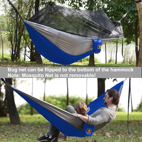 Camping Hammock with Net,Travel Portable Lightweight Hammocks with Tree Straps and Solid D-Shape Carabiners,Parachute Nylon Hammock for Outsides Backpacking Beach Backyard Patio Hiking Blue & Grey - color: Blue & Grey, size: Large