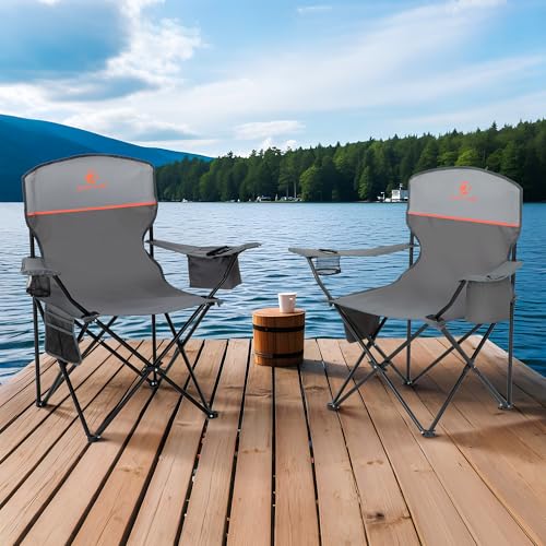 ALPHA CAMP Camping Chairs 350LBS Capacity, Heavy Duty Folding Chair with 4-Can Cooler Bag, Portable Outdoor Chair with Cup Holder for Adults, Collapsible for Tailgating, Beach, Fishing - color: Light Gray, style: camping chairs