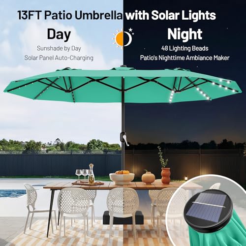 AreShark 13 FT Patio Umbrella with Solar Lights, Double-Sided Outdoor Table Umbrellas with Crank, Large Rectangular Market Umbrella for Porch, Lawn, Pool, Backyard, Cerulean - color: Cerulean, size: 6.5x13 Ft