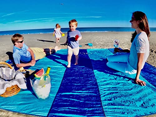 Extra Large Beach Blanket Waterproof Sandproof – XXL Oversized Beach Mat 10ft x 9ft Fits up to 8 Adults - Quick Dry Travel Blanket with 4 Stakes, Corner Pockets, Strap and Attached Bag - color: Riptide