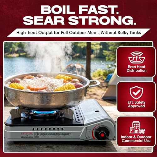 Chef Master 12,000 BTU Portable Butane Stove - Gas Burner for Camping & Outdoor Cooking - Countertop Cooktop with Carry Case, Wind Guard & Electronic Ignition - Portable Cooker & Burner Stove – 90235 - size: Stove Only