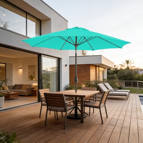 9FT Outdoor Patio Umbrella Outdoor pool Umbrella with Push Button Tilt and Crank, Market Umbrella 8 Sturdy Ribs UV Protection for Garden, Deck, Backyard (Turquoise) - color: Turquoise