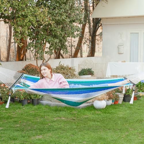 PNAEUT Double Rope Hammocks for Outside, Handwoven Double Caribbean Hammock with Spreader Bar for Outdoor Indoor, Max 600 lbs Capacity (Aqua) - color: Aqua