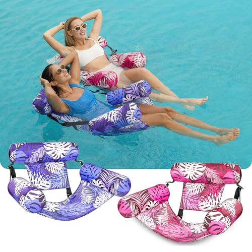 SLOOSH Inflatable Pool Floats Adult,2 Packs Floating Lounge Chairs,Blow up Pool Noodles for Adult Heavy Duty,Floating Chair for Party Summer Water Beach Lake Fun - style: Tropical Leaves-Purple,Pink