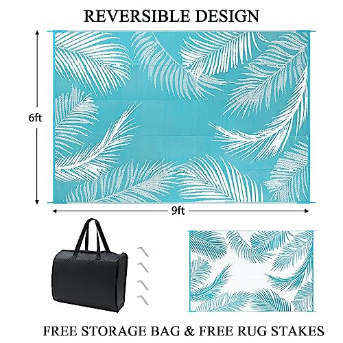 Pauwer Waterproof Outdoor Rug 6x9, Reversible Plastic Straw Patio Camping Rug, Indoor Outdoor RV Mat Carpet for Deck, Camper, Porch, Balcony, Backyard, Picnic, Leaf Teal - color: Leaf Teal, size: 6' x 9' (Rectangular)