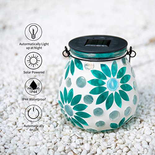Afirst Mosaic Solar Lanterns Outdoor - Glass Hanging Solar Lights Hollow Out Waterproof Table Lamp Outdoor Decorative for Garden, Patio, Holiday Party Outdoor Decoration - style: Blue daisy