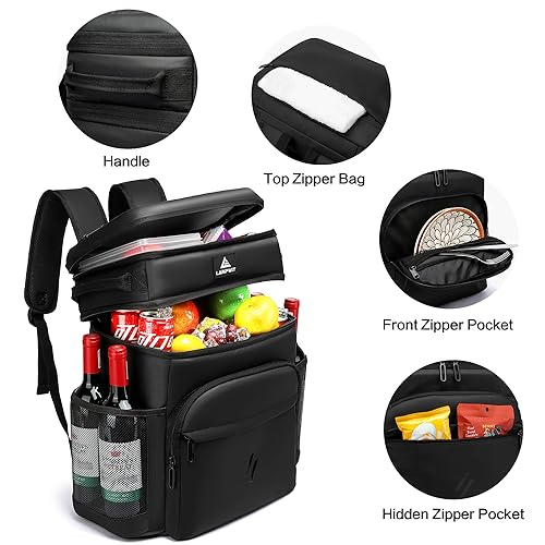Laripwit Picnic Backpack Cooler Bag - 54 Cans Black Insulated Leak-Proof Lunch Backpack With Cooler Compartment, Large Double Deck Soft Bag for Beach, Camping, Travel - color: Black