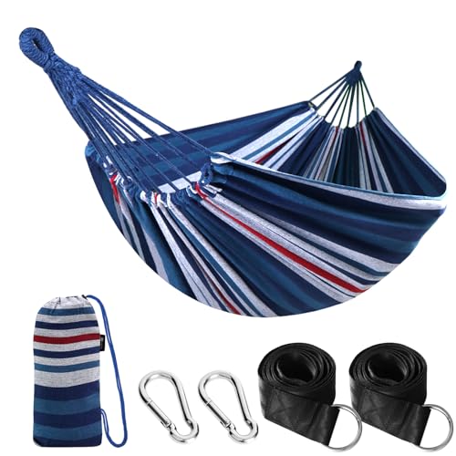 ANYOO Cotton Hammock Portable Camping Hammocks for Hanging Sturdy Garden Comfortable Fabric Hammock with Tree Straps Up to 660lbs with Travel Bag for Camping Outdoor/Indoor Patio Backyard - color: Blue/White/Red Stripe