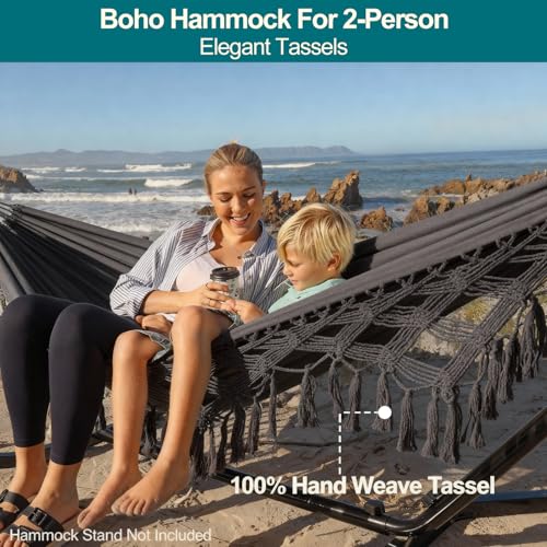 JoyView Boho Macrame Double Hammock with Hanging Ropes & Elegant Tassels 86.6x59 Portable Cotton Hammock for Patio Backyard Porch 450LBS Weight Capacity Perfect for Outdoor/Indoor - Dark Grey - color: Dark Grey