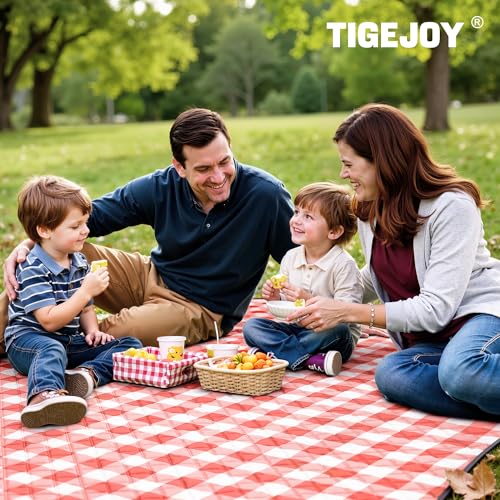 TigeJoy Extra Large Picnic Blanket Waterproof Foldable 80''x118'', Outdoor Picnic Mat Beach Blanket Sandproof for Park, Grass, Travel, Hiking, Camping Essentials, Gingham Picnic Blanket - color: Red, size: 6'8" x 9'10" (Rectangular)