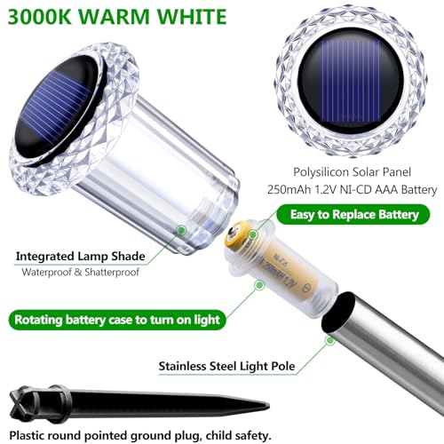 DenicMic Solar Lights Outdoor 15 Pack Waterproof 3000K Warm White LED Stainless Steel Stake Outside Lights for Yard Pathway Garden Driveway Walkway Landscape Path Lighting - color: Warm 15Pack
