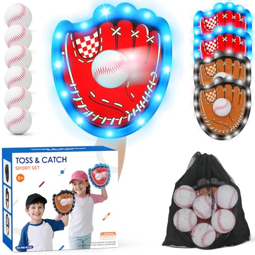 HYES Toss and Catch Ball Game Set, Light Up Baseball Toys Outdoor Pool Beach Yard Camping Games for Family, Toddler Glow in the Dark Baseball Gifts for Boys Girls Ages 3-12 (4 Paddles & 6 Balls) - style: 4 pack with light