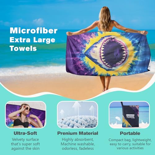 Tie Dye Shark Beach Towel Oversized 36" x 72", Thin Lightweight Sand Free Quick Dry Microfiber Towel for Swimming Pool Cruise Camping Travel - color: Color_39