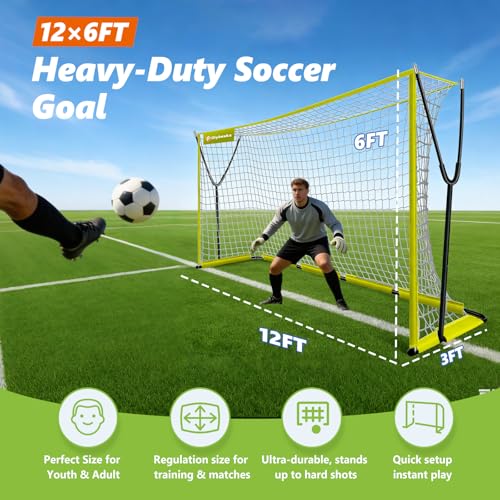 Soccer Net 12x6 ft, Soccer Goal for Backyard with Ultra Stable Outward Angled Metal Frame, 7-ply Tetoron, Portable Carry Bag - Easy Set Up for Youth & Adult Indoor Outdoor Practice - color: Yellow