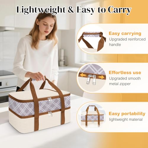 Coobiiya Insulated Casserole Carrier,Lasagna Lugger Tote Keeps Food Hot or Cold,Thermal Lunch Bag Warmer & Cooler Carrier Bag,Portable Tote Bag Fits 9" x 13" Baking Dish for Picnic and Cookout - color: Beige, size: Double Layer: 15.75 × 11.8 × 7.87 in
