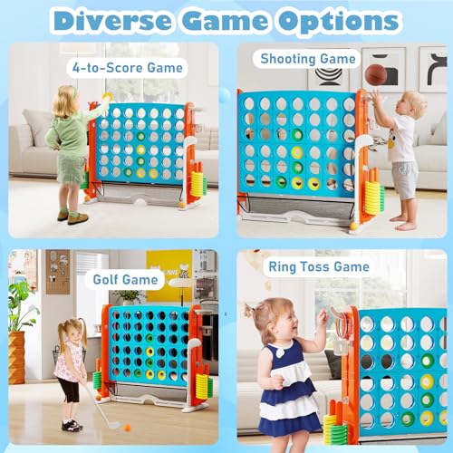 Costzon Giant 4-in-A-Row Connect Game, Height Adjustable 4-in-1 Jumbo 4-to-Score Yard Game with Golf, Ring Toss, Basketball, Cup Holder & Mesh Net, Indoor Outdoor Game for Kids Adults Family Party - color: Blue/Orange