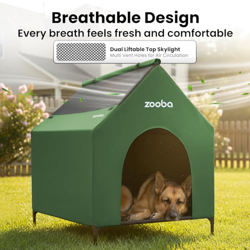 Zooba Outdoor Dog House – Weatherproof Elevated Pet Shelter, Breathable Mesh & Steel Frame, Easy to Assemble & Clean, Large Dog Houses for All Seasons (Green, Large) - color: Green, size: Large: 36 inch