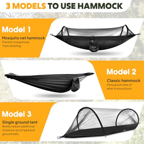 Chihee Ultra-Light Travel Camping Hammock Pop-up Net Hammock 660lbs Load Capacity,Breathable,Quick-Drying Parachute Nylon 2 Premium Carabiners,2 Tree Slings Included for Outdoor Backpacking Hiking - color: Black