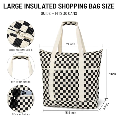 Corduroy Insulated Cooler Bag, Large Reusable Grocery Bags with Zippered Top, Collapsible Soft Sided Cooler Tote for Hot and Cold Food, for Beach, Travel, Picnic and Camping