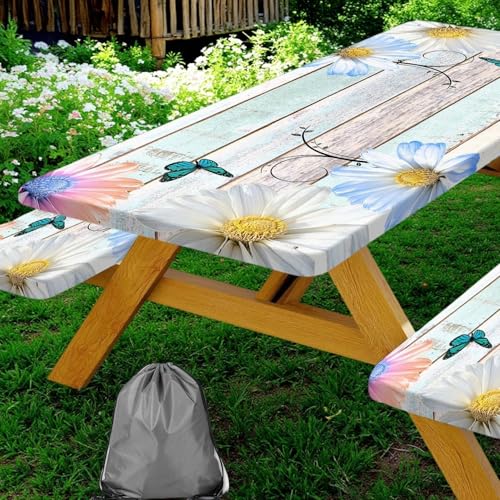Rustic Daisy Flower Wooden Picnic Table Cover with Bench Covers, Farmhouse Flower Waterproof Wood Board Tablecloth for Patio Camping Outdoor Party Decorations with Drawstring Bag, 30X96in, 3PCS - color: Multi3, size: 96in