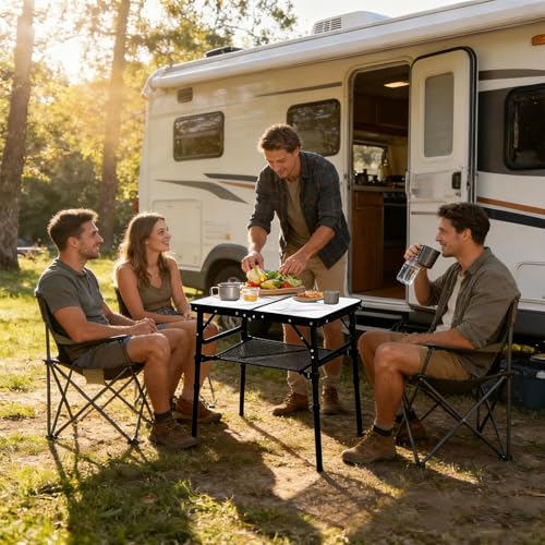 YUFIFAIRY Small Folding Camping Table, 2ft Portable Table with 3 Adjustable Heights, Aluminum Lightweight Foldable Picnic Table with Mesh Layer and Extension Legs for RV, Camp and Indoor (Black Frame) - color: White Marble Top & Black Frame