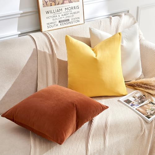 Throw Pillow Covers Yellow Set of 2 18x18 Inch Pillow Covers, Soft Velvet Fall Decorative Cases for Couch Sofa Bed, Home Boho Decor, Modern Farmhouse Cushion Covers - color: Bright Yellow, size: 18" x 18" (Pack of 2)