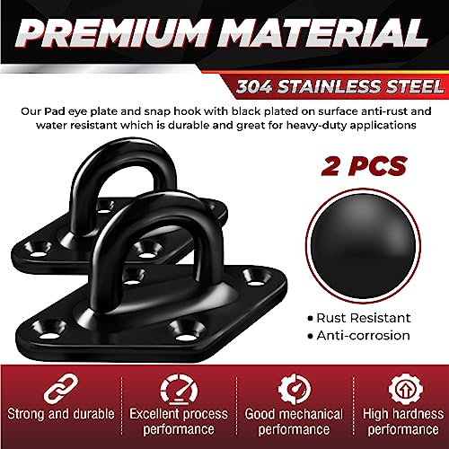 [Upgraded] 1700 lb Capacity 2PCS M10 Stainless Steel Pad Eye Hooks+2PCS 10MM Snap Hook + 8PCS Heavy Duty Screws for Hammock Hanging Kit, Swing Hanging, Wall/Ceiling Mount, Indoor & Outdoor